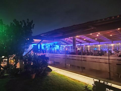 Vista nocturna del salón iluminado en tonos morados desde el jardín, con vegetación en primer plano